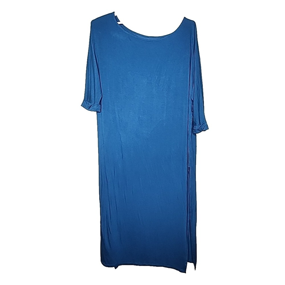 Roaman's Knit Dress 14/16 Teal Blue Midi Dolman Sleeves Side Slits Casual
